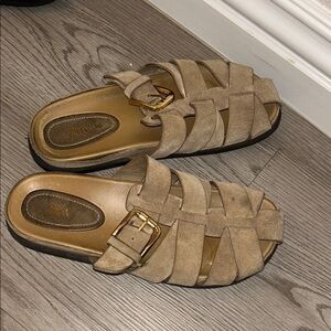 Zara Beige Suede Woven Slide Mules with Gold Buckle